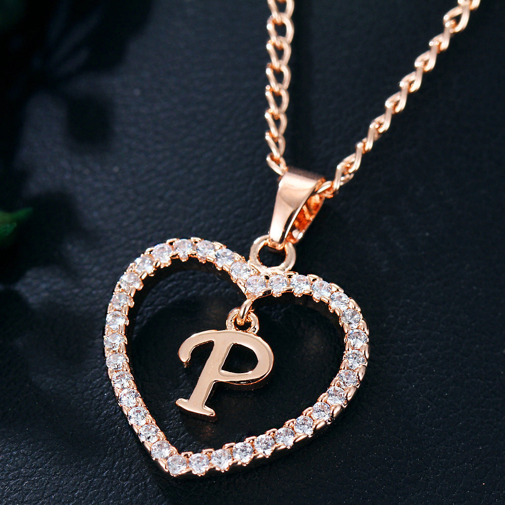 26 Letters Heart-shaped Zircon Pendant Necklace Stainless Steel Gold Color Chains Jewelry Birthday Gift For Women