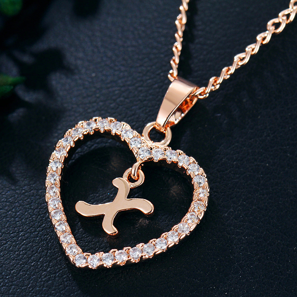 26 Letters Heart-shaped Zircon Pendant Necklace Stainless Steel Gold Color Chains Jewelry Birthday Gift For Women